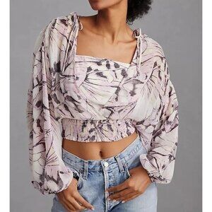 Anthropologie NEW Sheer Floral Cropped Peasant Blouse XXS